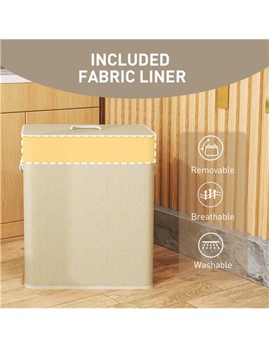 HOMCOM Double Laundry Basket with Lid, 100L Bamboo Laundry Hamper with Rope Handles, Washing Basket with Removable Liner for Bat