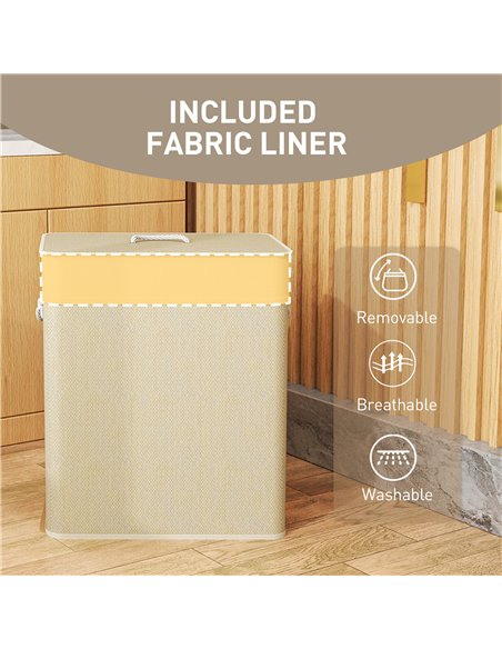 HOMCOM Double Laundry Basket with Lid, 100L Bamboo Laundry Hamper with Rope Handles, Washing Basket with Removable Liner for Bat - pic 161712 | FastDaddyshop