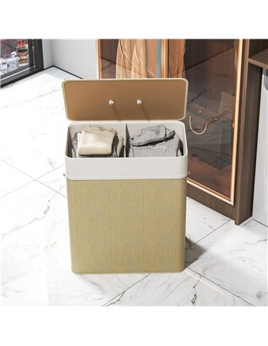 HOMCOM Double Laundry Basket with Lid, 100L Bamboo Laundry Hamper with Rope Handles, Washing Basket with Removable Liner for Bat