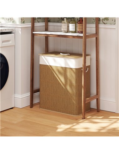 HOMCOM Double Laundry Basket with Lid, 100L Bamboo Laundry Hamper with Rope Handles, Washing Basket with Removable Liner for Bat