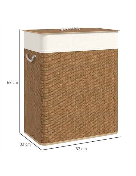 HOMCOM Double Laundry Basket with Lid, 100L Bamboo Laundry Hamper with Rope Handles, Washing Basket with Removable Liner for Bat - pic 161717 | FastDaddyshop