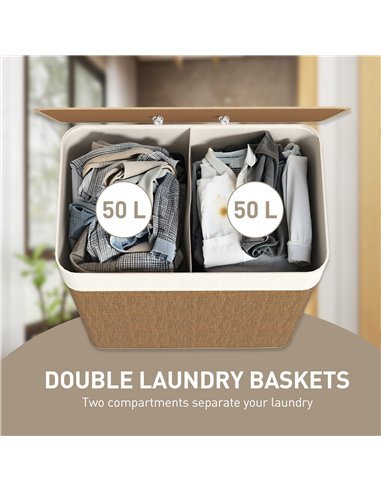 HOMCOM Double Laundry Basket with Lid, 100L Bamboo Laundry Hamper with Rope Handles, Washing Basket with Removable Liner for Bat