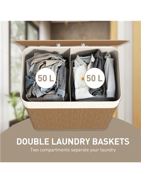 HOMCOM Double Laundry Basket with Lid, 100L Bamboo Laundry Hamper with Rope Handles, Washing Basket with Removable Liner for Bat - pic 161718 | FastDaddyshop