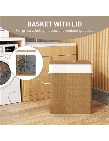 HOMCOM Double Laundry Basket with Lid, 100L Bamboo Laundry Hamper with Rope Handles, Washing Basket with Removable Liner for Bat
