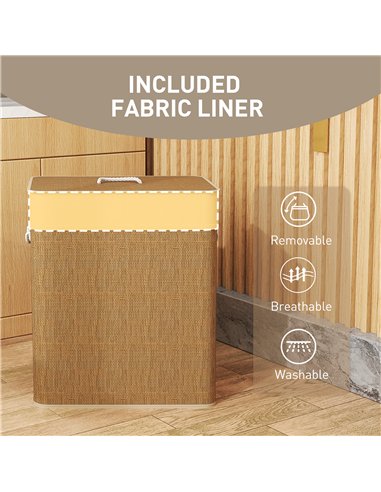 HOMCOM Double Laundry Basket with Lid, 100L Bamboo Laundry Hamper with Rope Handles, Washing Basket with Removable Liner for Bat