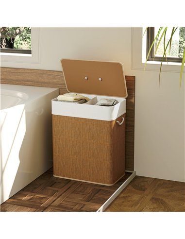 HOMCOM Double Laundry Basket with Lid, 100L Bamboo Laundry Hamper with Rope Handles, Washing Basket with Removable Liner for Bat
