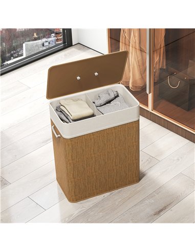 HOMCOM Double Laundry Basket with Lid, 100L Bamboo Laundry Hamper with Rope Handles, Washing Basket with Removable Liner for Bat
