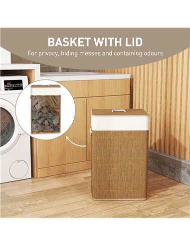 HOMCOM Bamboo Laundry Basket with Lid, 72L Laundry Hamper with Rope Handles, Washing Basket with Removable Washable Liner Bag fo