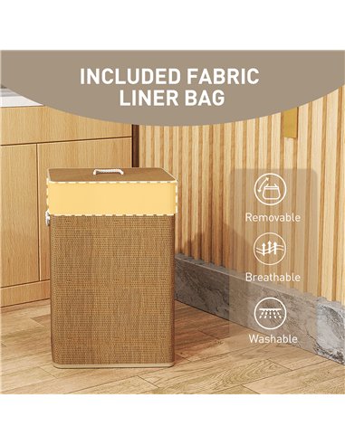 HOMCOM Bamboo Laundry Basket with Lid, 72L Laundry Hamper with Rope Handles, Washing Basket with Removable Washable Liner Bag fo