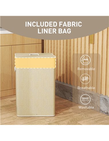 HOMCOM Bamboo Laundry Basket with Lid, 72L Laundry Hamper with Rope Handles, Washing Basket with Removable Washable Liner Bag fo