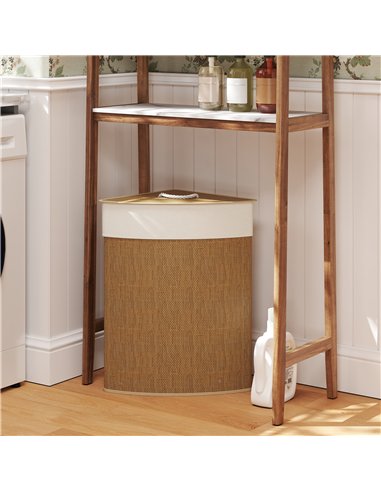 HOMCOM Bamboo Laundry Basket with Lid, 55L Corner Laundry Hamper with Removable Washable Liner Bag, Bathroom Triangle Washing Ba