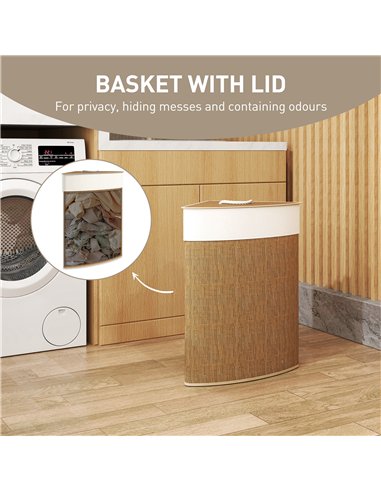 HOMCOM Bamboo Laundry Basket with Lid, 55L Corner Laundry Hamper with Removable Washable Liner Bag, Bathroom Triangle Washing Ba