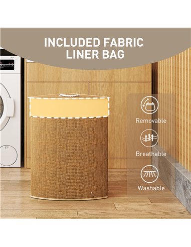HOMCOM Bamboo Laundry Basket with Lid, 55L Corner Laundry Hamper with Removable Washable Liner Bag, Bathroom Triangle Washing Ba