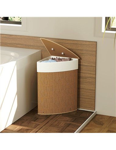 HOMCOM Bamboo Laundry Basket with Lid, 55L Corner Laundry Hamper with Removable Washable Liner Bag, Bathroom Triangle Washing Ba