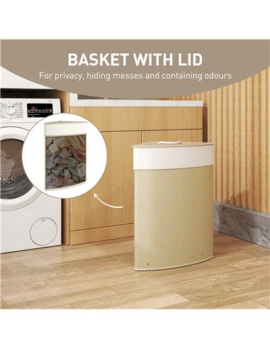 HOMCOM Bamboo Laundry Basket with Lid, 55L Corner Laundry Hamper with Removable Washable Liner Bag, Bathroom Triangle Washing Ba