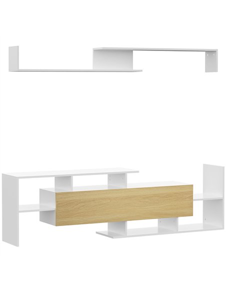 HOMCOM TV Cabinet with Wall Shelf for Wall-Mounted 65" TVs or Standing 40" TVs - White and Natural - pic 161814 | FastDaddyshop