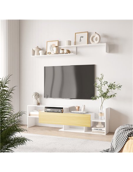 HOMCOM TV Cabinet with Wall Shelf for Wall-Mounted 65" TVs or Standing 40" TVs - White and Natural - pic 161815 | FastDaddyshop