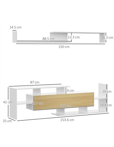 HOMCOM TV Cabinet with Wall Shelf for Wall-Mounted 65" TVs or Standing 40" TVs - White and Natural