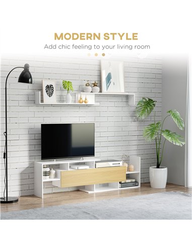 HOMCOM TV Cabinet with Wall Shelf for Wall-Mounted 65" TVs or Standing 40" TVs - White and Natural