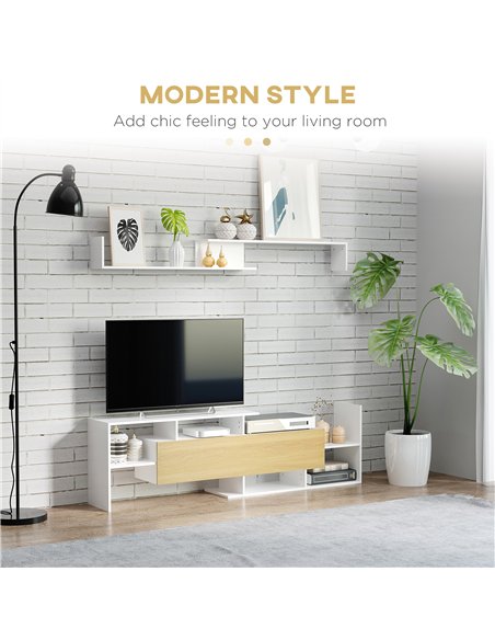HOMCOM TV Cabinet with Wall Shelf for Wall-Mounted 65" TVs or Standing 40" TVs - White and Natural - pic 161817 | FastDaddyshop