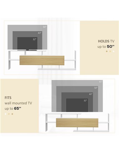HOMCOM TV Cabinet with Wall Shelf for Wall-Mounted 65" TVs or Standing 40" TVs - White and Natural