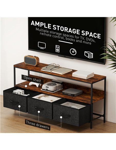 HOMCOM TV Stand Cabinet with 3 Foldable Drawers - Rustic Brown - pic 161836 | FastDaddyshop