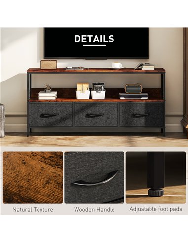 HOMCOM TV Stand Cabinet with 3 Foldable Drawers - Rustic Brown