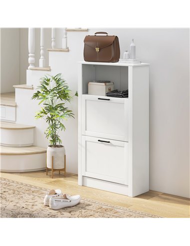 HOMCOM Modern Shoe Cabinet with 2 Flip Drawers and Adjustable Shelves, Narrow Shoe Storage Cabinet with Open Compartment, Holds 