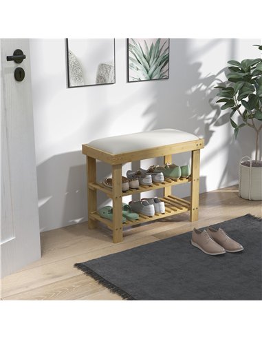 HOMCOM Bamboo Shoe Storage Bench, 3-Tier Shoe Bench with Seat Cushion, Shoe Rack for Entryway, Hallway, Living Room, Bedroom, Cr