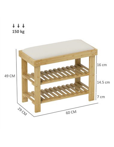 HOMCOM Bamboo Shoe Storage Bench, 3-Tier Shoe Bench with Seat Cushion, Shoe Rack for Entryway, Hallway, Living Room, Bedroom, Cr