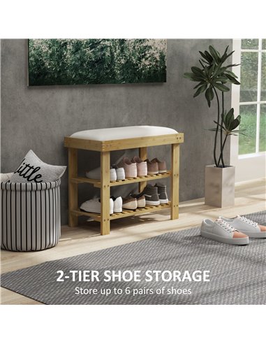HOMCOM Bamboo Shoe Storage Bench, 3-Tier Shoe Bench with Seat Cushion, Shoe Rack for Entryway, Hallway, Living Room, Bedroom, Cr