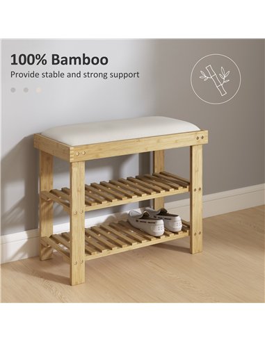 HOMCOM Bamboo Shoe Storage Bench, 3-Tier Shoe Bench with Seat Cushion, Shoe Rack for Entryway, Hallway, Living Room, Bedroom, Cr