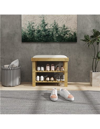 HOMCOM Bamboo Shoe Storage Bench, 3-Tier Shoe Bench with Seat Cushion, Shoe Rack for Entryway, Hallway, Living Room, Bedroom, Cr