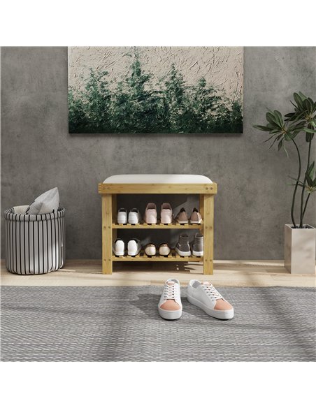 HOMCOM Bamboo Shoe Storage Bench, 3-Tier Shoe Bench with Seat Cushion, Shoe Rack for Entryway, Hallway, Living Room, Bedroom, Cr - pic 161920 | FastDaddyshop