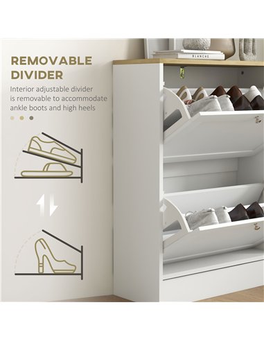 HOMCOM Narrow Shoe Cabinet with 2 Flip Drawers and Adjustable Shelves - White
