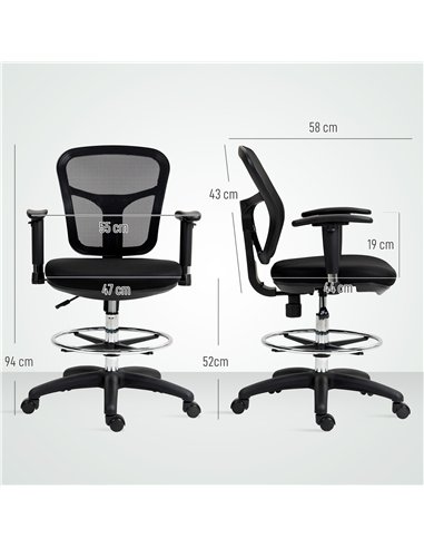 HOMCOM Drafting Chair with Adjustable Armrests, Ergonomic Mesh Office Chair with Lumbar Support, Adjustable Height and Footrest 