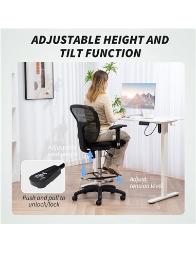 HOMCOM Drafting Chair with Adjustable Armrests, Ergonomic Mesh Office Chair with Lumbar Support, Adjustable Height and Footrest 