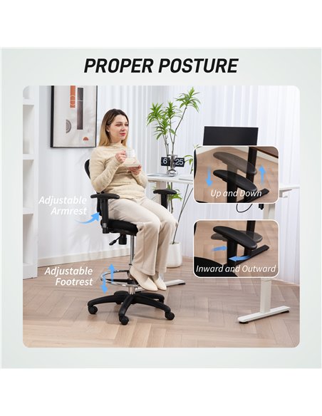 HOMCOM Drafting Chair with Adjustable Armrests, Ergonomic Mesh Office Chair with Lumbar Support, Adjustable Height and Footrest  - pic 161964 | FastDaddyshop