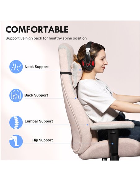 HOMCOM Fabric Gaming Chair with Lumbar Support, Headrest - Pale Pink - pic 162024 | FastDaddyshop