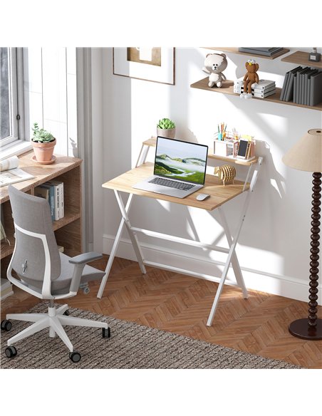 HOMCOM 81.5 cm Folding Computer Desk with Monitor Shelf - Natural Wood Finish - pic 162058 | FastDaddyshop
