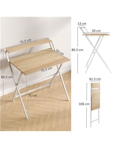 HOMCOM 81.5 cm Folding Computer Desk with Monitor Shelf - Natural Wood Finish