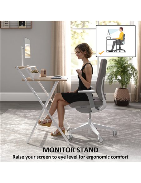HOMCOM 81.5 cm Folding Computer Desk with Monitor Shelf - Natural Wood Finish - pic 162061 | FastDaddyshop