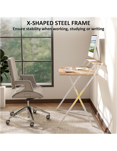 HOMCOM 81.5 cm Folding Computer Desk with Monitor Shelf - Natural Wood Finish