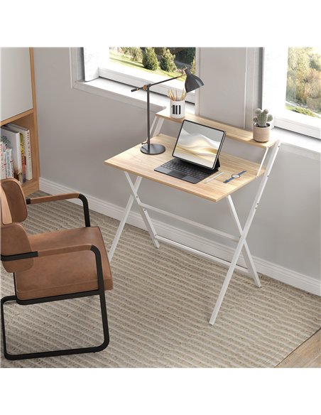 HOMCOM 81.5 cm Folding Computer Desk with Monitor Shelf - Natural Wood Finish - pic 162063 | FastDaddyshop