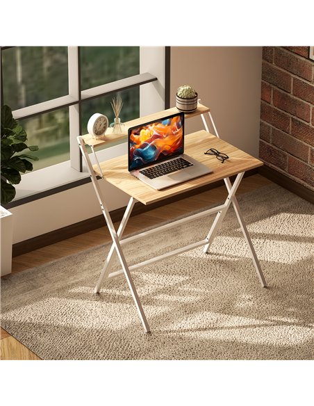 HOMCOM 81.5 cm Folding Computer Desk with Monitor Shelf - Natural Wood Finish - pic 162064 | FastDaddyshop