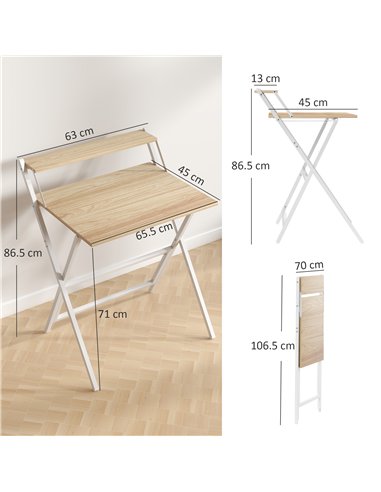 HOMCOM 70 cm Folding Computer Desk with Monitor Shelf - Natural Wood Finish