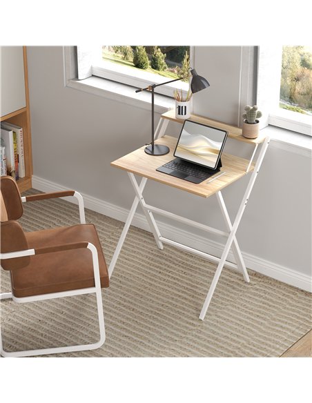 HOMCOM 70 cm Folding Computer Desk with Monitor Shelf - Natural Wood Finish - pic 162072 | FastDaddyshop
