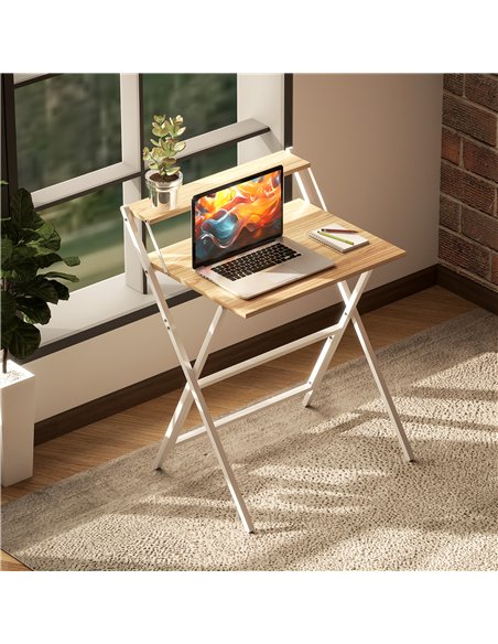 HOMCOM 70 cm Folding Computer Desk with Monitor Shelf - Natural Wood Finish - pic 162073 | FastDaddyshop