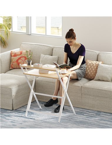 HOMCOM 70 cm Folding Computer Desk with Monitor Shelf - Natural Wood Finish