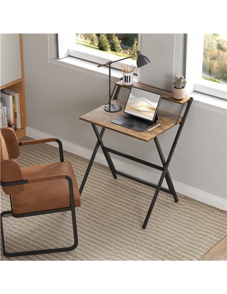 HOMCOM 70 cm Folding Computer Desk with Monitor Shelf - Rustic Brown - pic 162081 | FastDaddyshop
